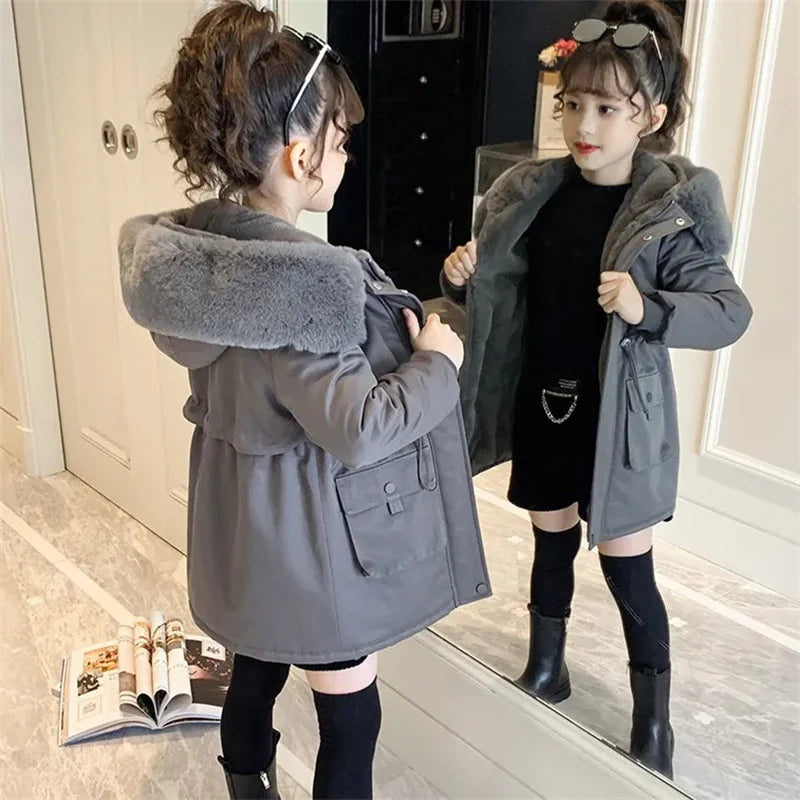 Teen Girls’ Winter Coat – Fur Collar Velvet Jacket with Hood