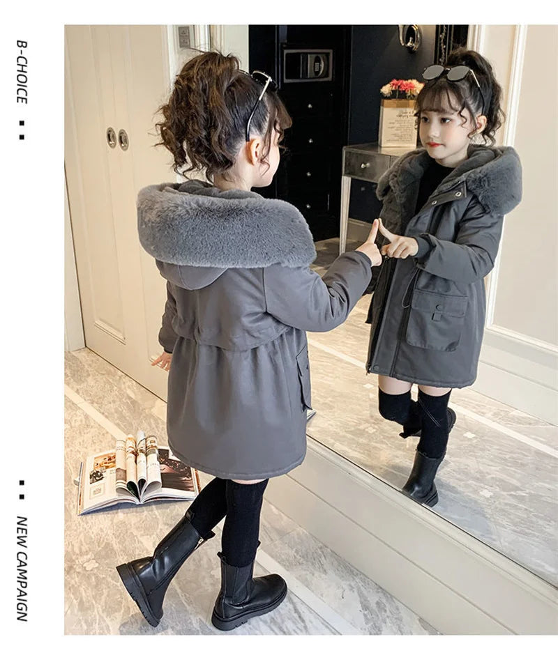 Teen Girls’ Winter Coat – Fur Collar Velvet Jacket with Hood