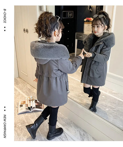 Teen Girls’ Winter Coat – Fur Collar Velvet Jacket with Hood