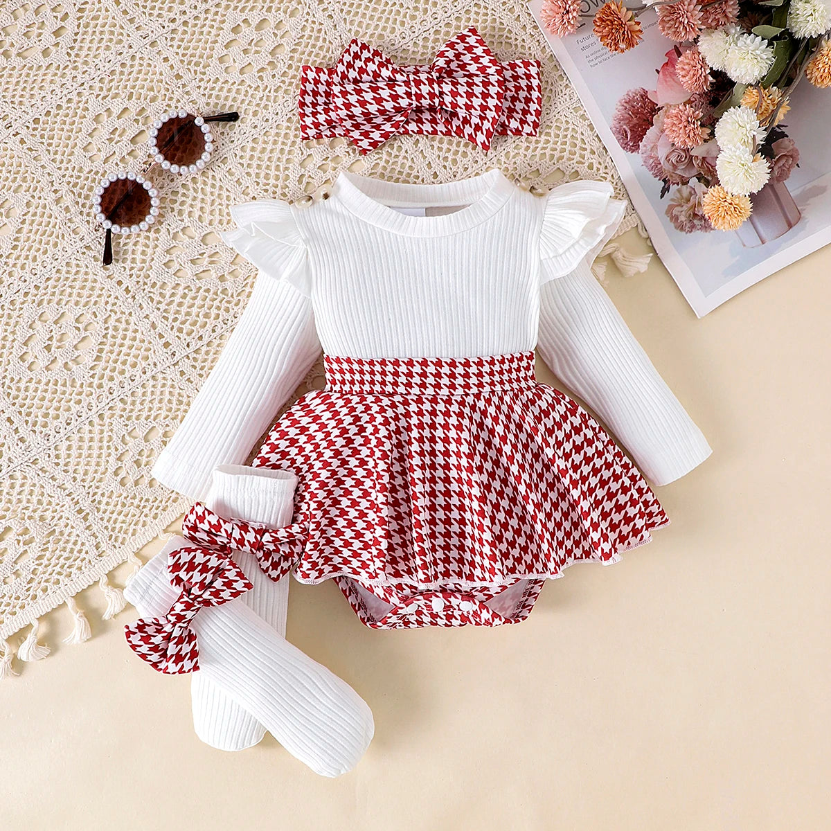 2PCS Autumn Set for Baby Girls – Black Top, Houndstooth Skirt & Hair Band