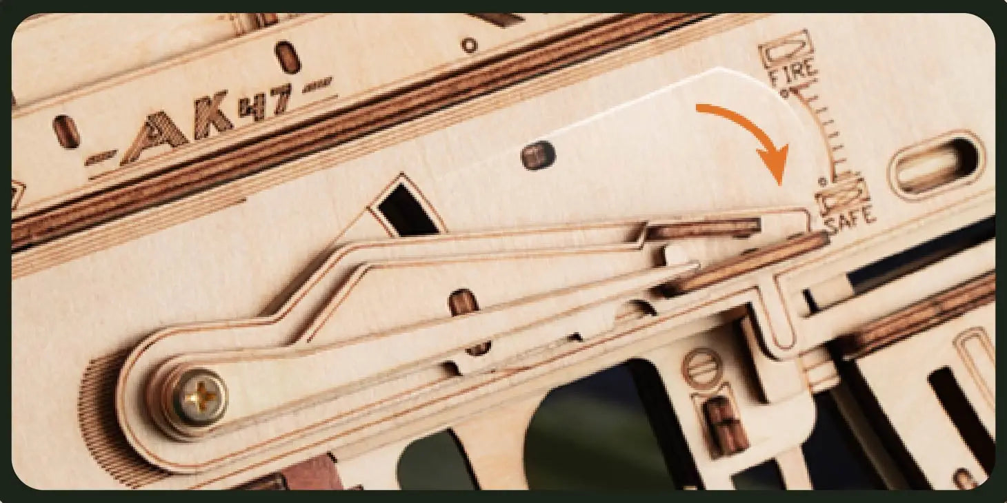 Robotime Rokr AK47 3D wooden gun building block toy for kids and adults, featuring detailed automatic rifle design, fun DIY puzzle.