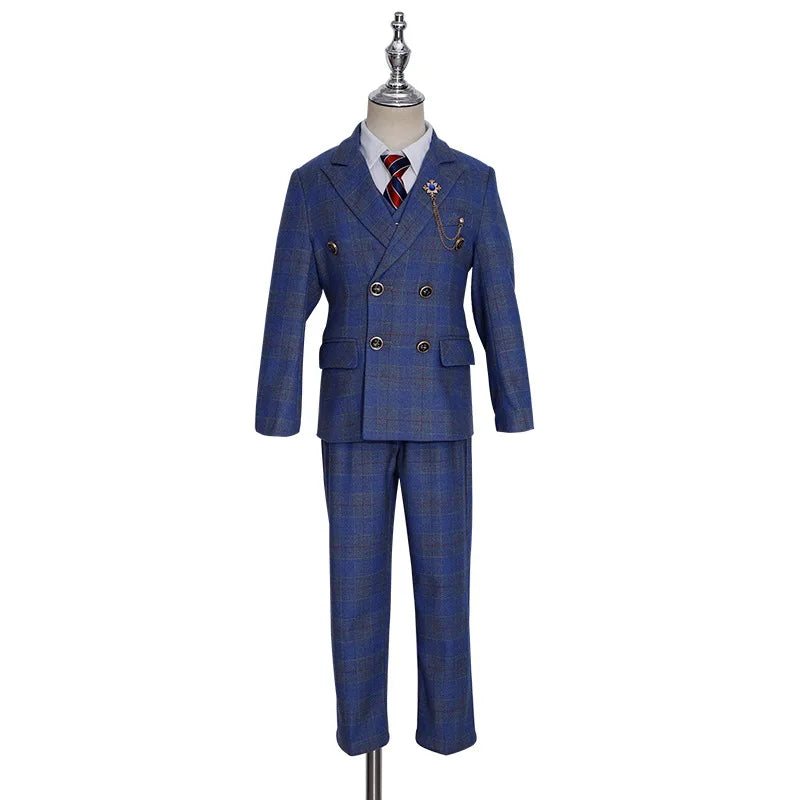 Boys’ 3-Piece Plaid Suit – Blazer, Vest & Pants (1–14Y)