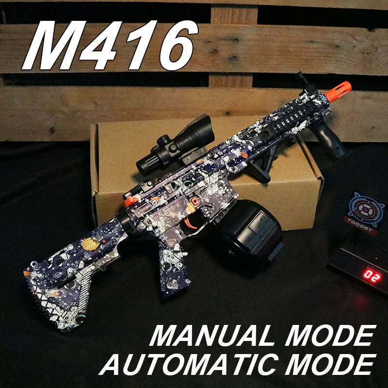 Ultra Shoppings M416 Electric Ball Blaster toy gun in black, showcasing manual and automatic shooting modes for outdoor games.