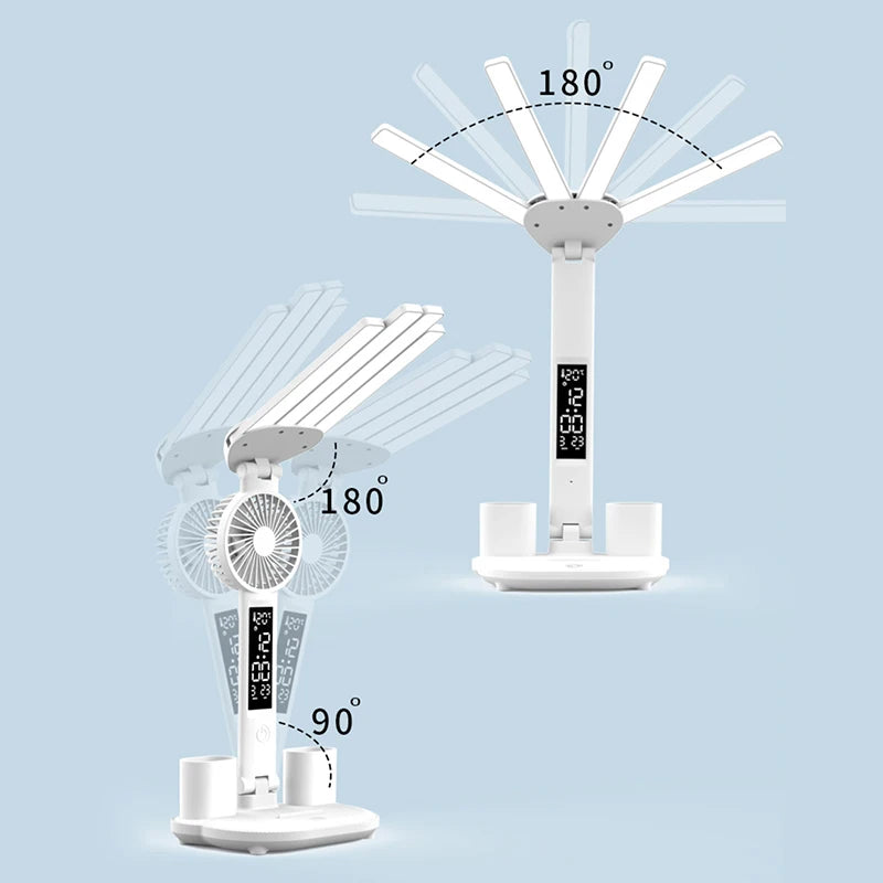 Rechargeable LED Table Lamp: Study Light with Fan & Clock Display