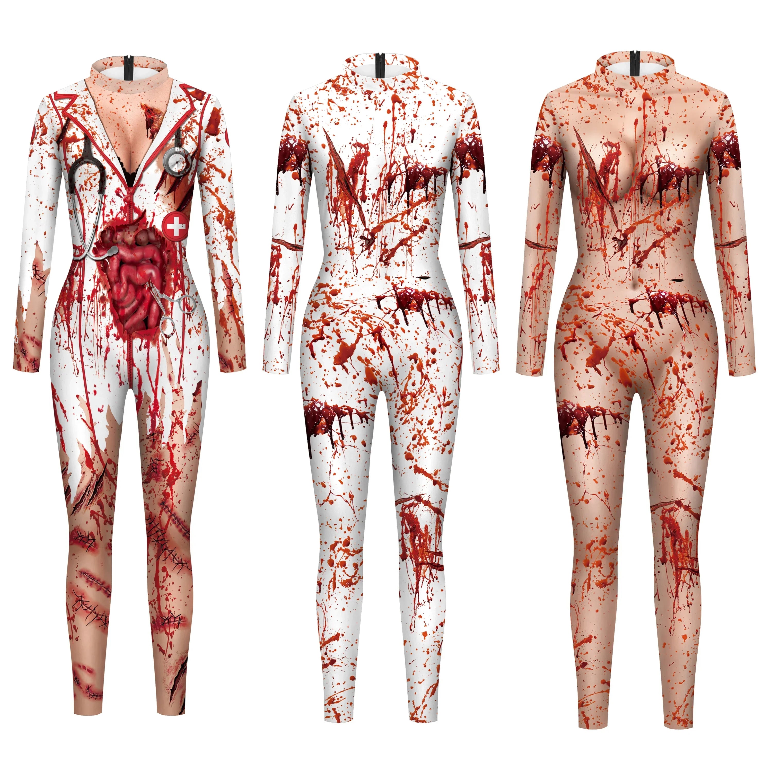Scary Nurse Cosplay Costume – Blood-Print Slim Bodysuit for Party