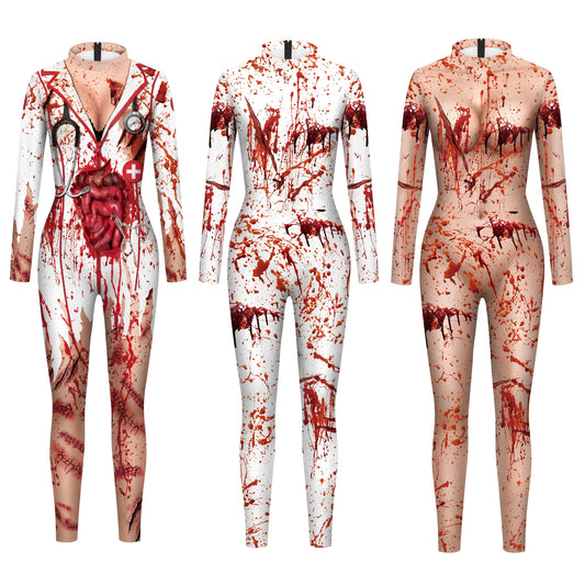 Scary Nurse Cosplay Costume – Blood-Print Slim Bodysuit for Party