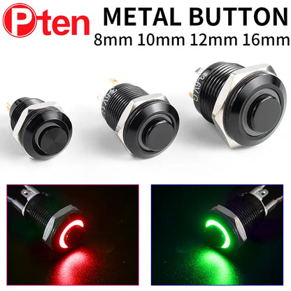 1NO High-Head Waterproof Metal Push Button Switch – LED Light, Self-Locking, 8-16mm