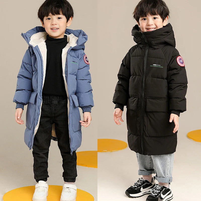 Autumn & Winter Boys Hooded Jacket - Solid Color Long Style, Warm & Cozy for Kids - Perfect Birthday Gift!