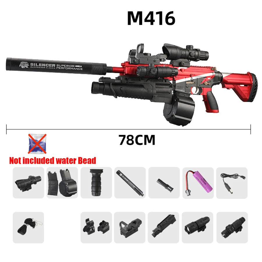 Ultra Shoppings 416 fully equipped automatic toy gun firing 7-8mm hydrogel bullets, with infrared reloading for boys' play.