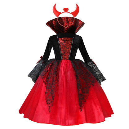 Girls Red & Black Vampire Costume – Halloween Gothic Party Dress