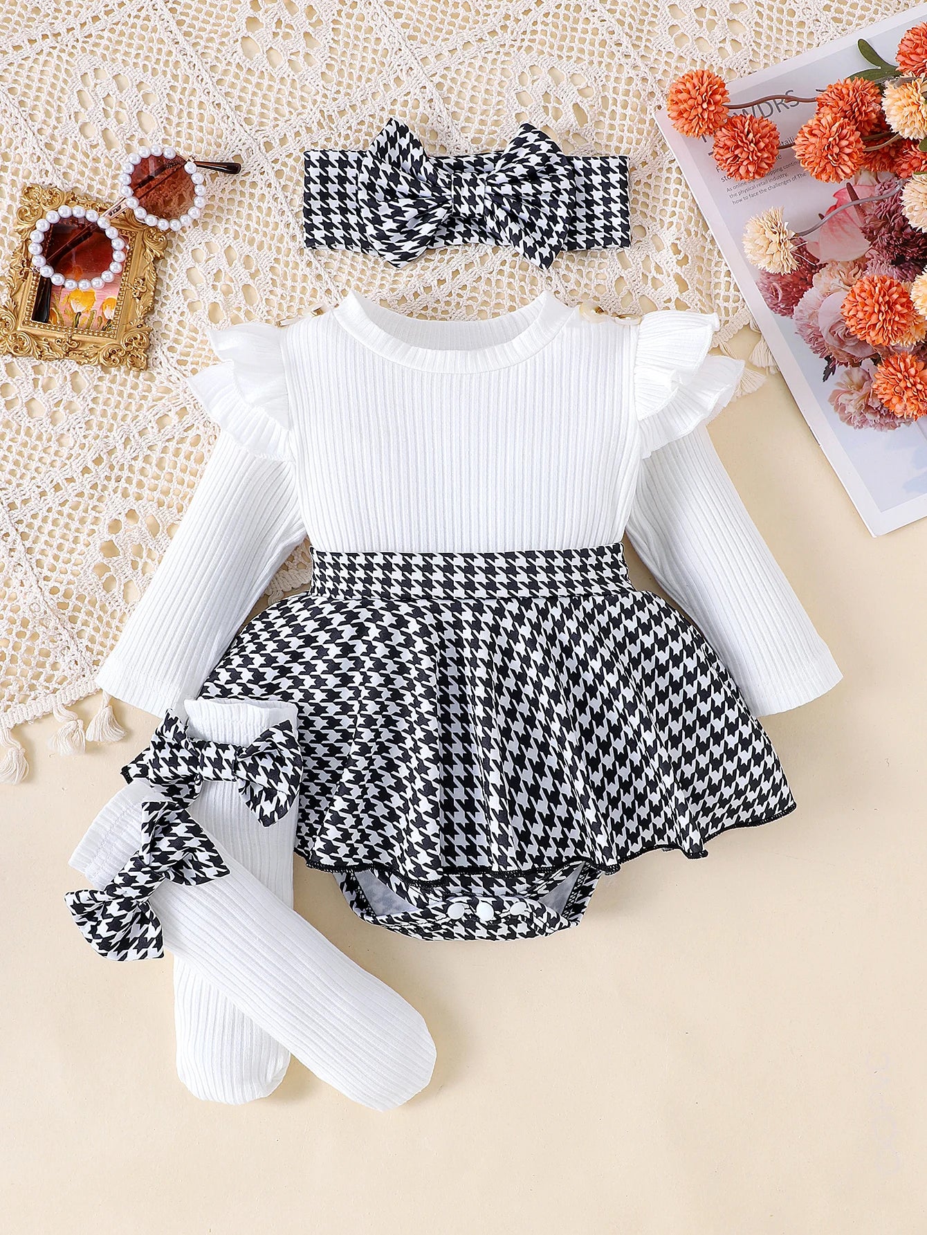 2PCS Autumn Set for Baby Girls – Black Top, Houndstooth Skirt & Hair Band