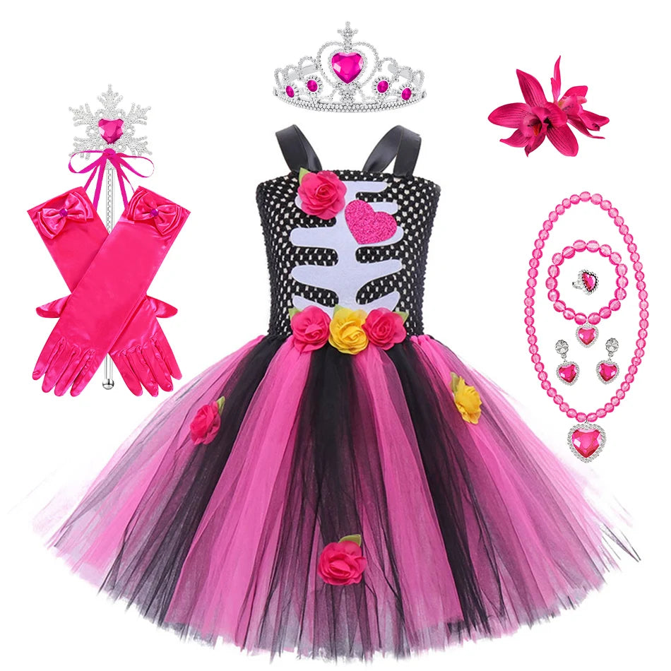Girls Halloween Performance Outfit – Skull & Floral Tutu