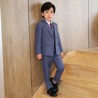 Boys’ 3-Piece Plaid Suit – Blazer, Vest & Pants (1–14Y)