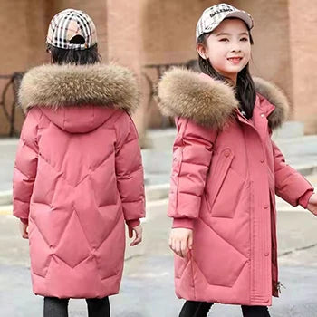 Girls’ Hooded Parka – Fur Collar & Thick Velvet Winter