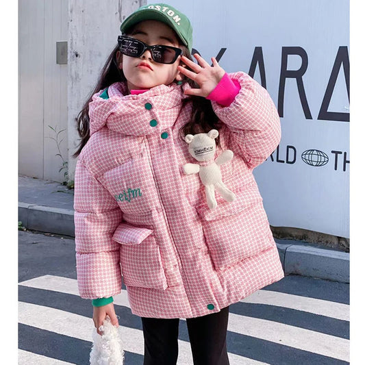 Warm Grid Design Jacket for Girls – Bonus Bear Toy 2025