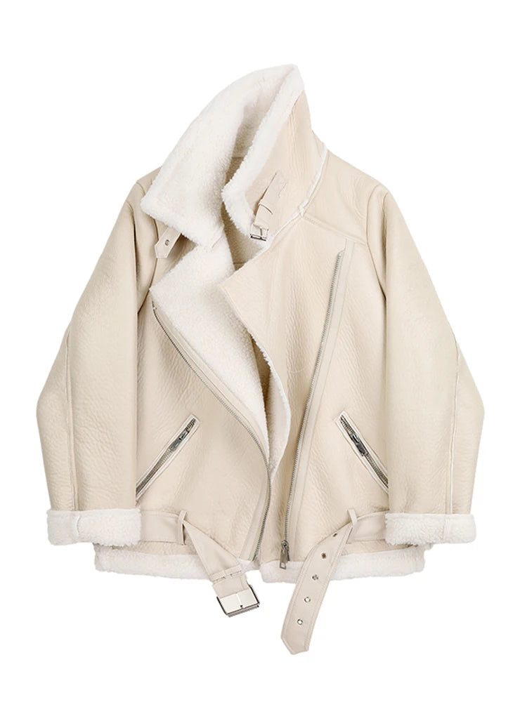 Thick Faux Leather Fur Coat – Winter Aviator Style