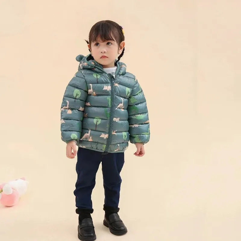 Adorable Kids' Hooded Down Jackets – Lightweight, Warm, and Dino-Fun