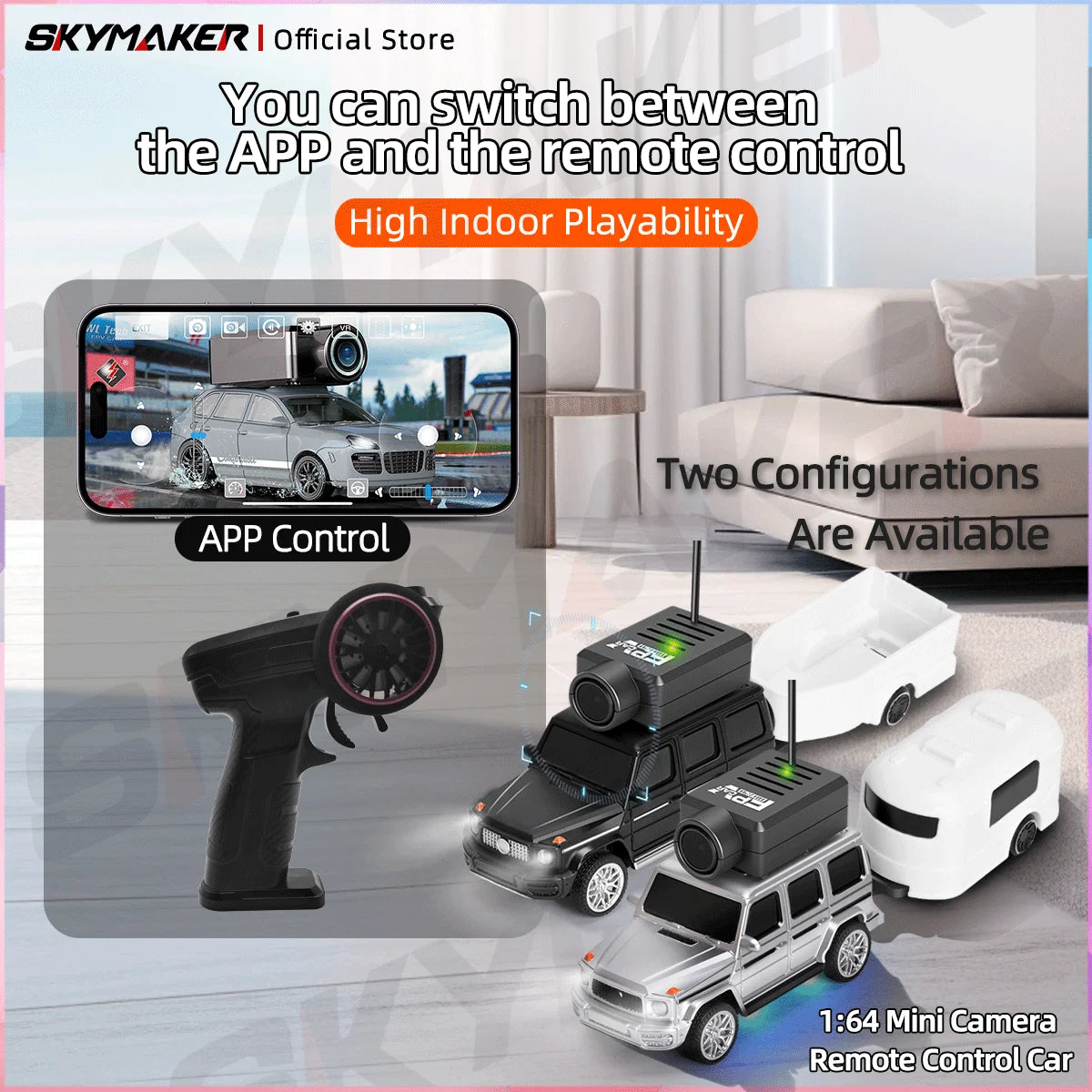 FPV Mini Car Toy – 1:64 RC Camera Car with LED Ambient Lights