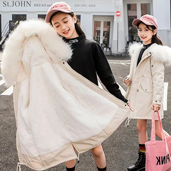 Girls’ Hooded Parka – Fur Collar & Thick Velvet Winter