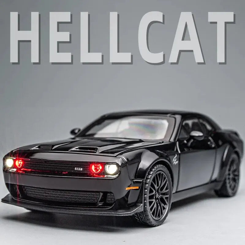 1:32 Dodge Challenger Hellcat Toy Car – Diecast Pull-Back Model with Sound & Light!