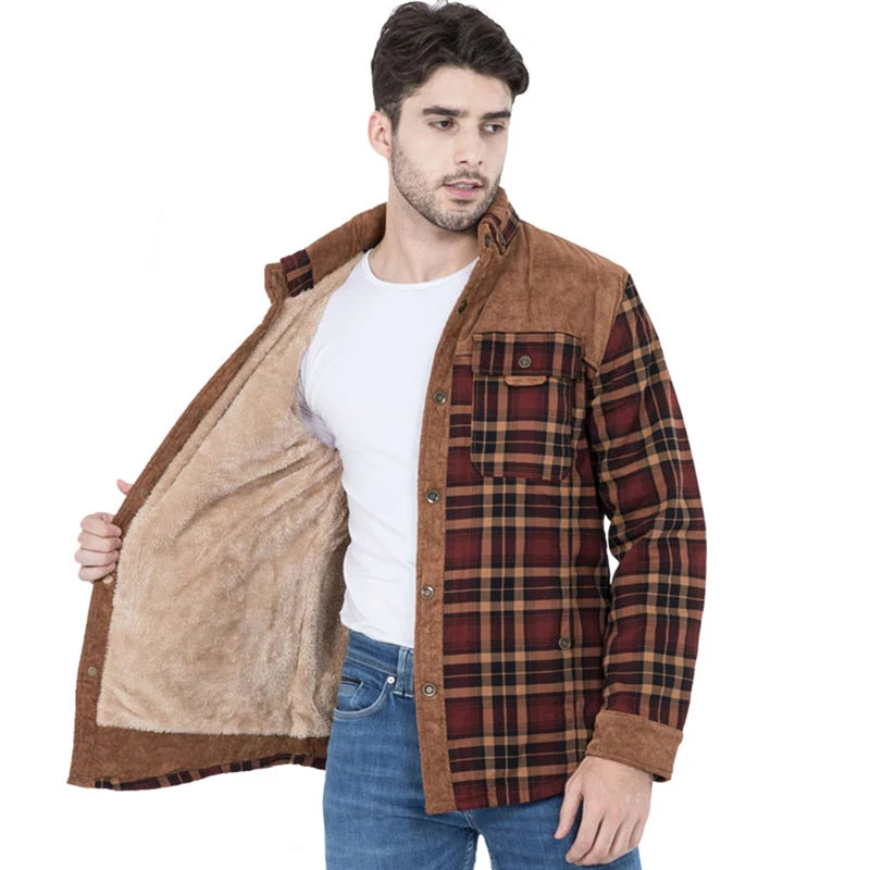 Winter Jacket Men Fleece Thick Warm Cotton Plaid Jacket Autumn Men Casual Multi-Pockets Coat High Quality Warm Lining Jacket Man