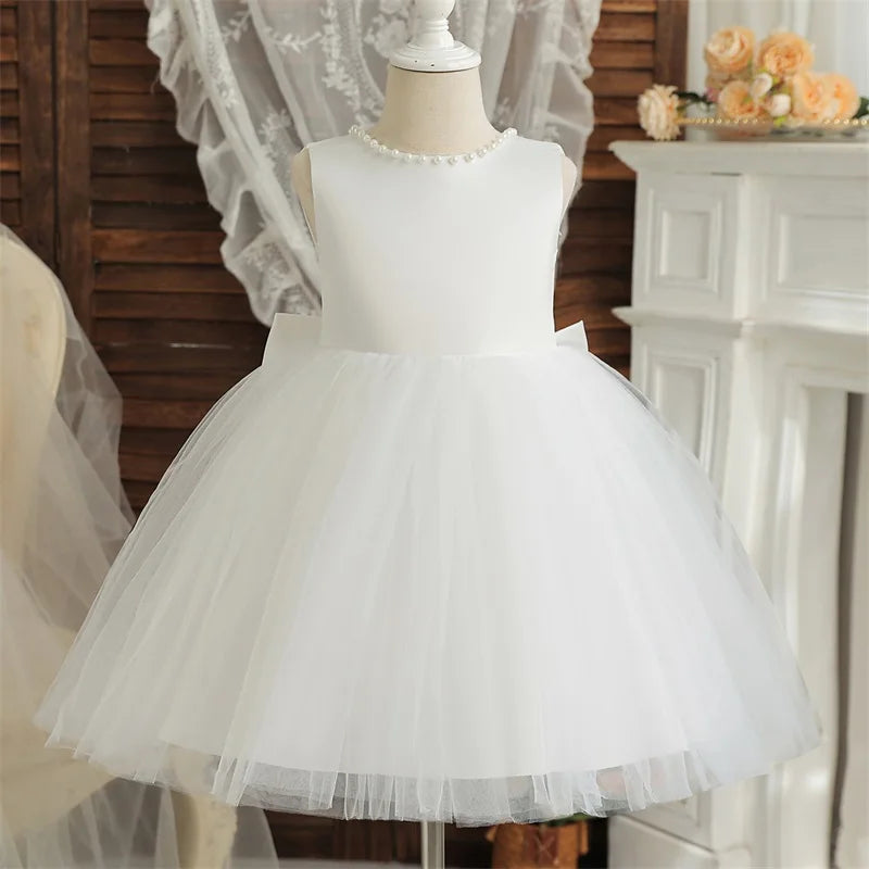 Kids Birthday Princess Dress with Bow & Pearls