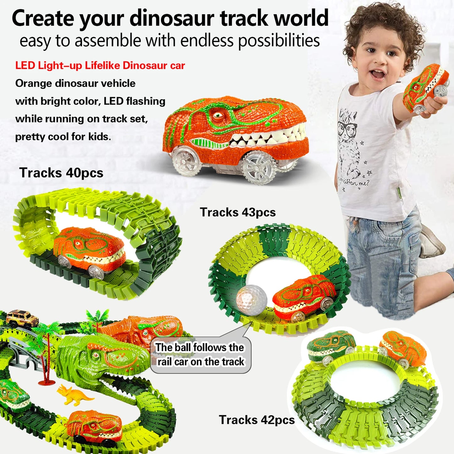 Magical Dinosaur Train Track Set – Flexible Racing Tracks with Flash Light Car!