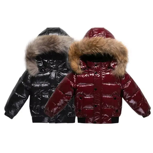 Shiny Waterproof Kids' Down Parka – Real Fur Hood