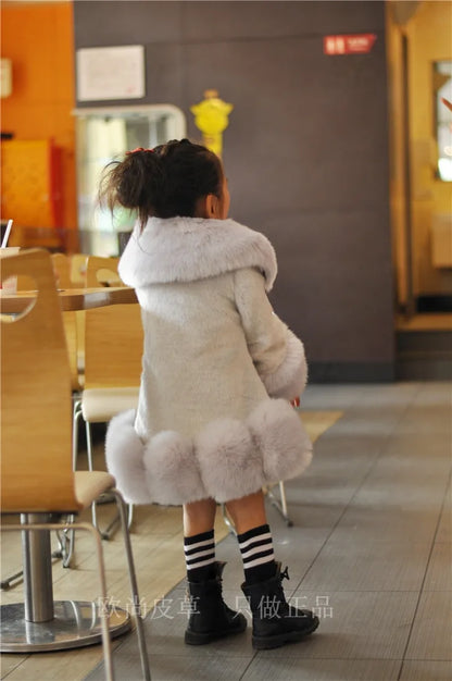 Korean Style Girls’ Winter Coat – Fox Fur Look