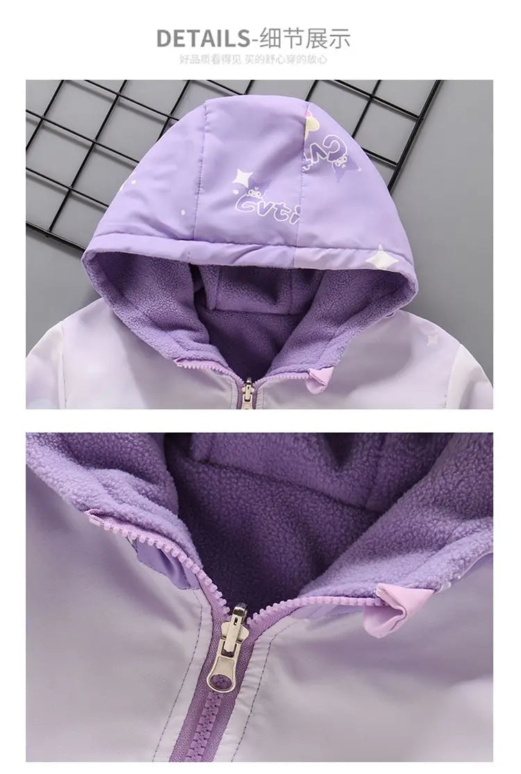 Teen Girls’ Plush Jacket – Cartoon Hooded Outerwear