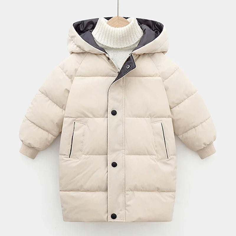 Kids’ Padded Winter Jacket – Thick Fur Collar Hooded Parka, Warm Cotton Coat for Boys & Girls