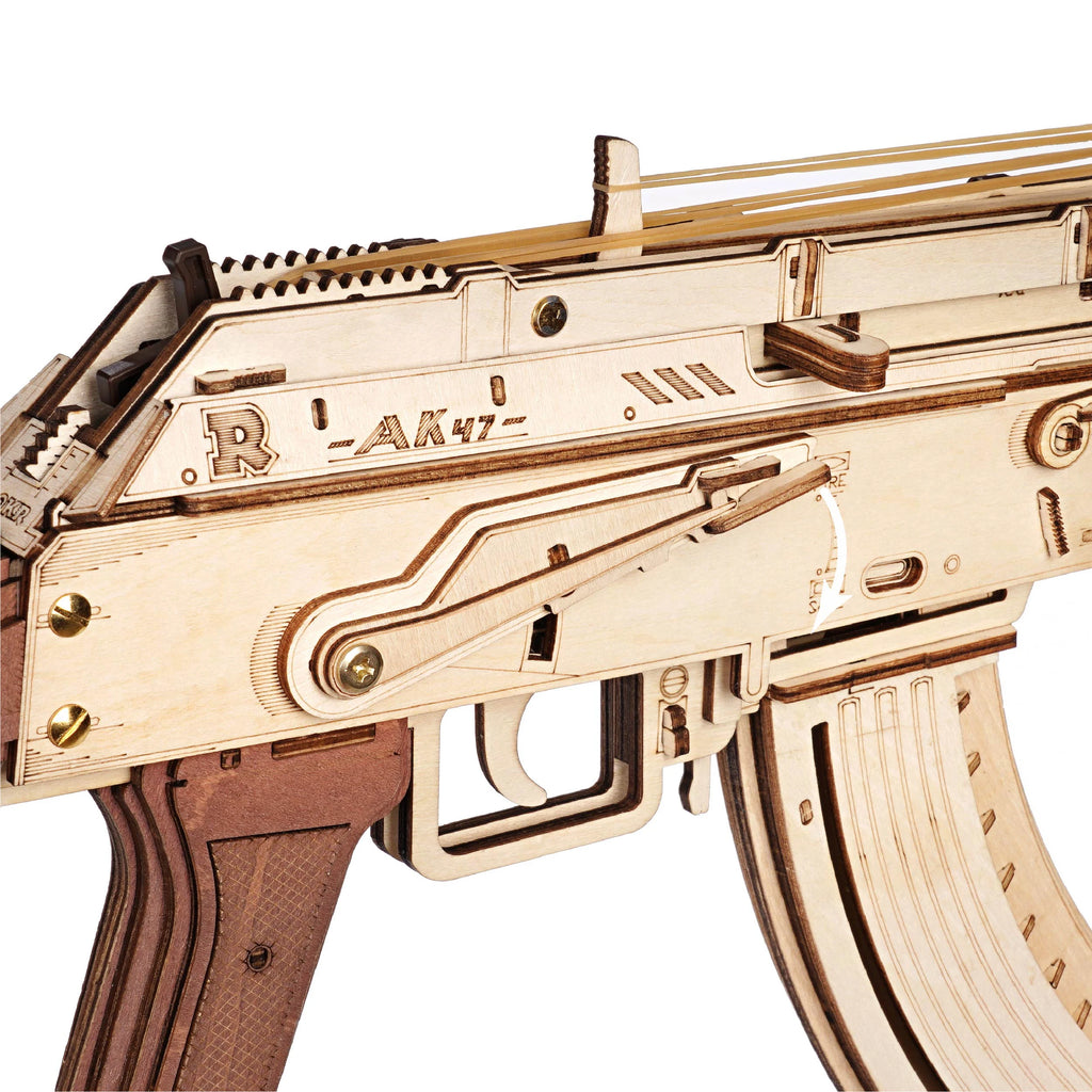 Robotime Rokr AK47 3D wooden gun building block toy for kids and adults, featuring a detailed, fun DIY puzzle design.
