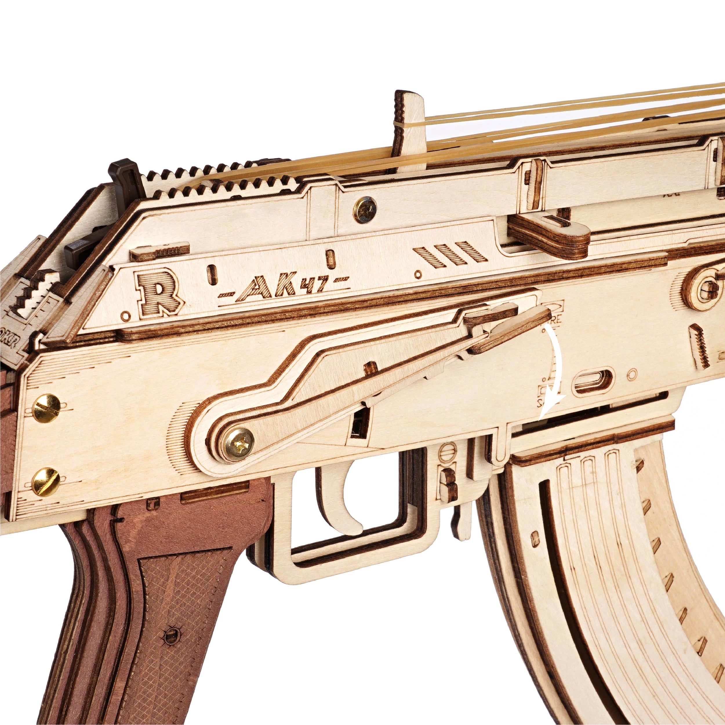 Robotime Rokr AK47 3D wooden gun building block toy for kids and adults, featuring a detailed, fun DIY puzzle design.