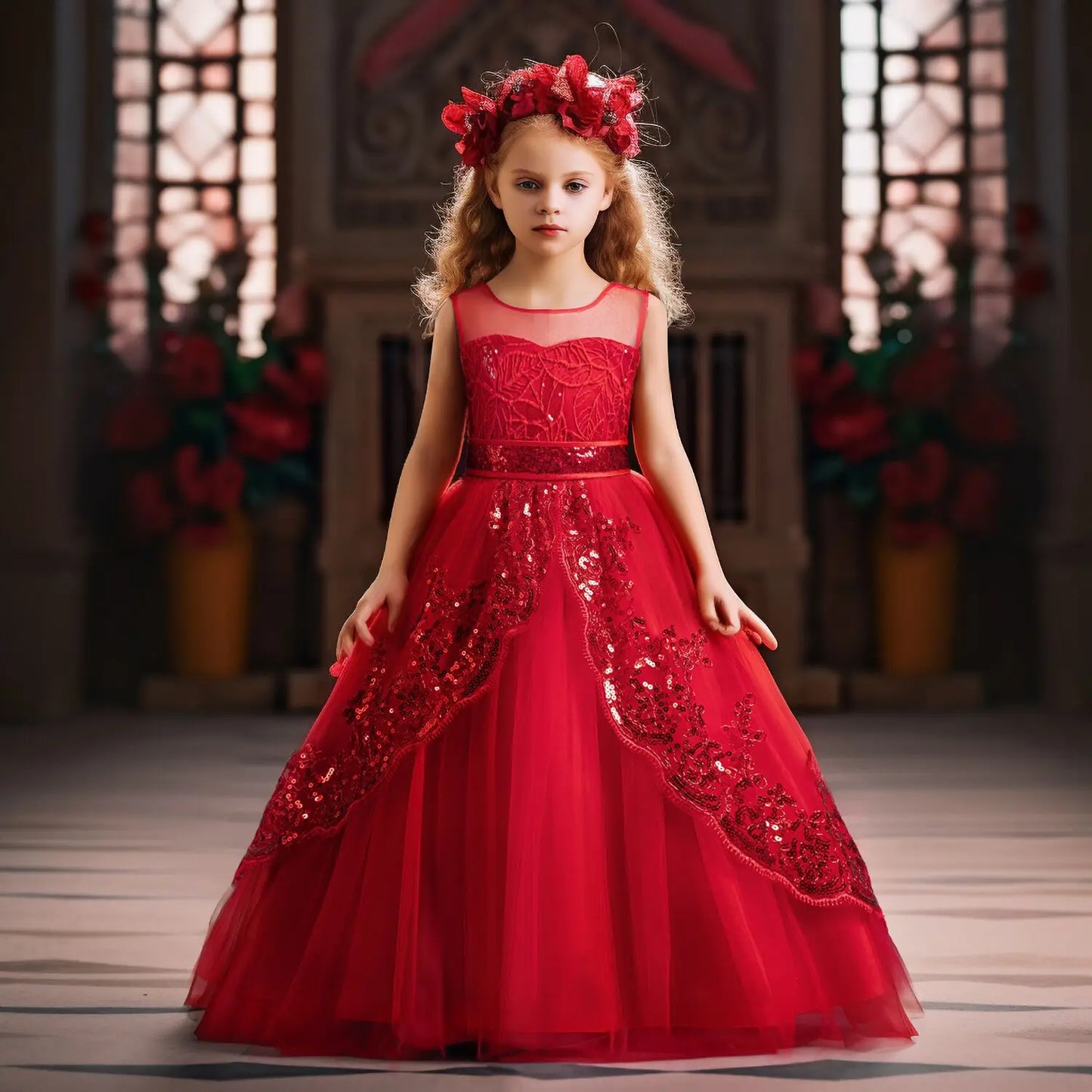 Girls Elegant Lace Wedding & Party Princess Dress