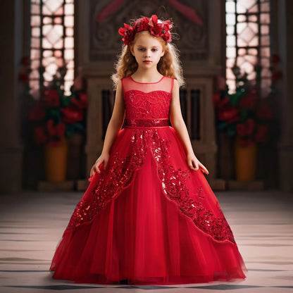Girls Elegant Lace Wedding & Party Princess Dress