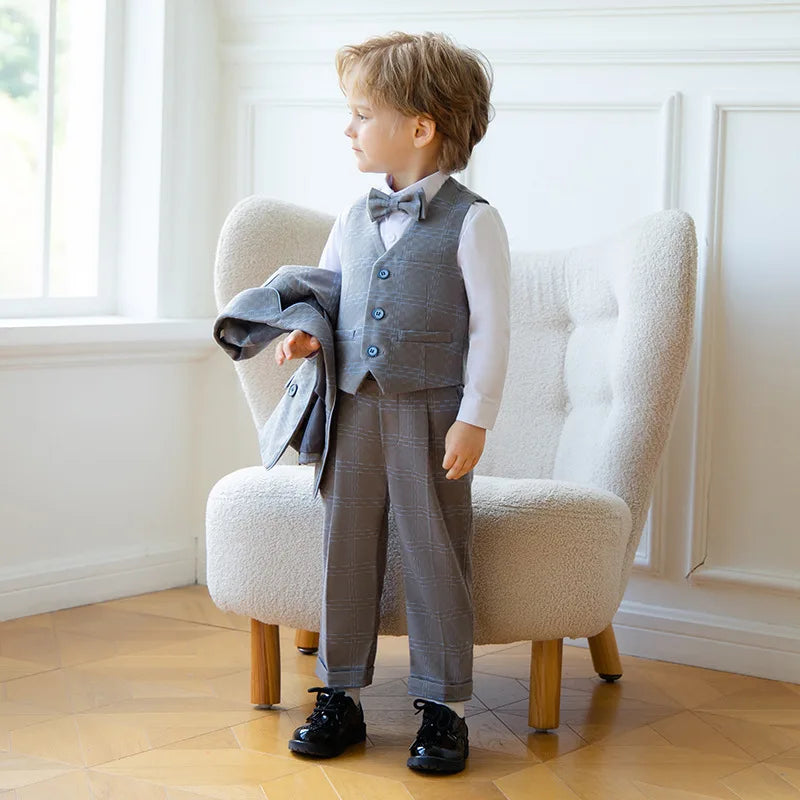 Young Boys’ Formal Outfit – British Plaid Blazer & Pants Set