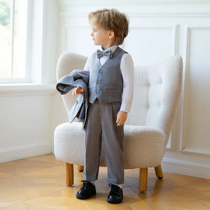 Young Boys’ Formal Outfit – British Plaid Blazer & Pants Set