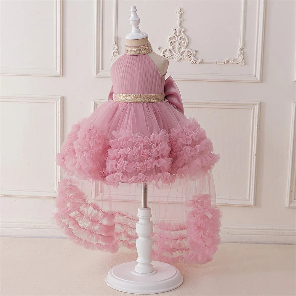 Elegant Baby Party Dress – Sequin Princess Gown with Big Bow & Train