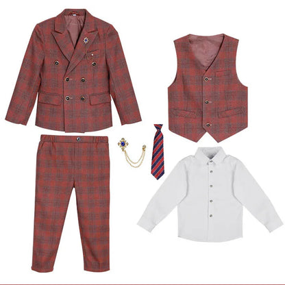 Boys’ 3-Piece Plaid Suit – Blazer, Vest & Pants (1–14Y)