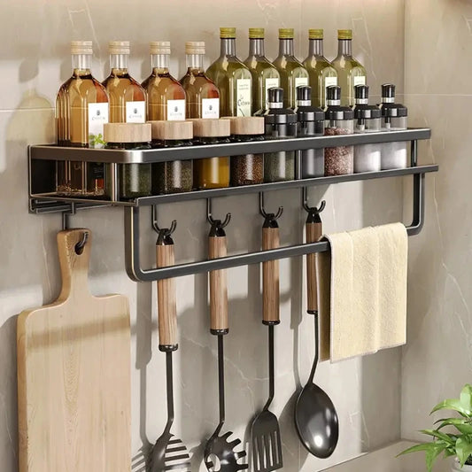 Wall-Mounted Kitchen Shelf & Spice Rack – Storage with Hooks & Towel Bar