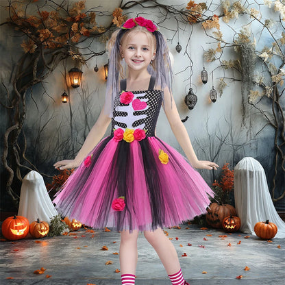 Girls Halloween Performance Outfit – Skull & Floral Tutu