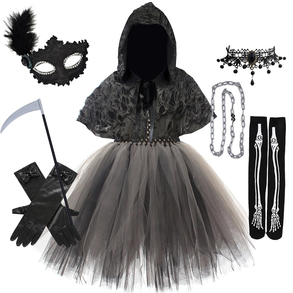 Girls Evil Halloween Outfit – Grim Reaper Carnival Costume