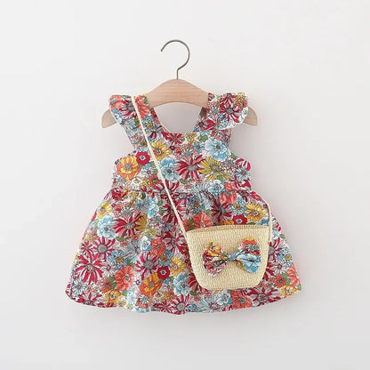 Girls’ Full Print Flower Halter Dress Outfit Set