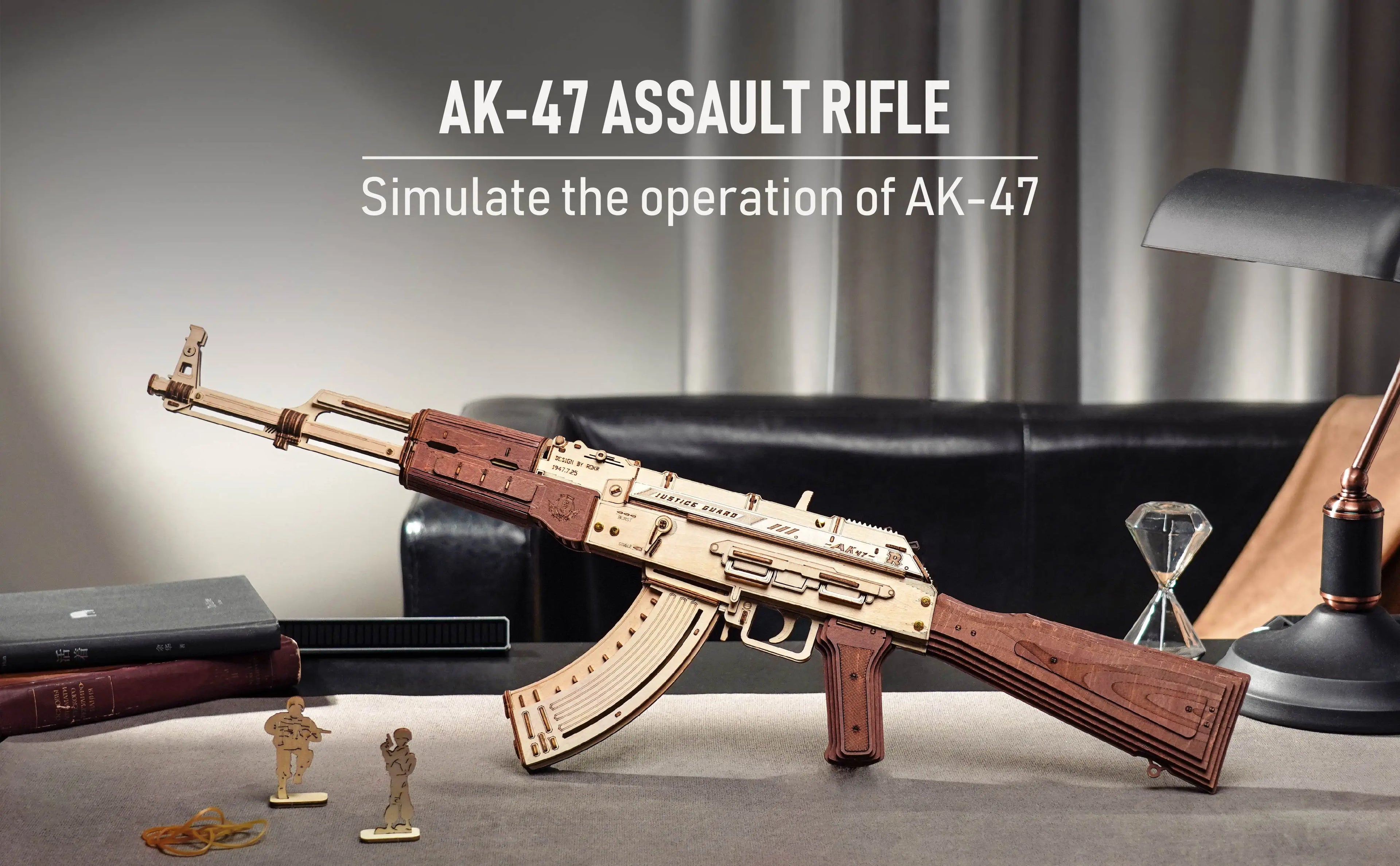 Robotime Rokr AK47 3D wooden gun building block toy, detailed DIY puzzle for kids and adults, justice guard themed.