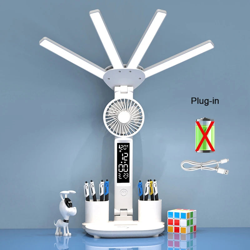 Rechargeable LED Table Lamp: Study Light with Fan & Clock Display