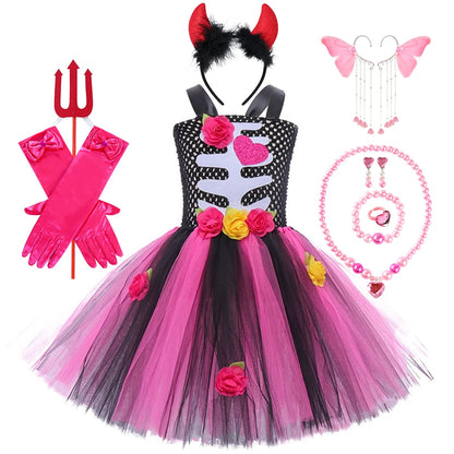 Girls Halloween Performance Outfit – Skull & Floral Tutu