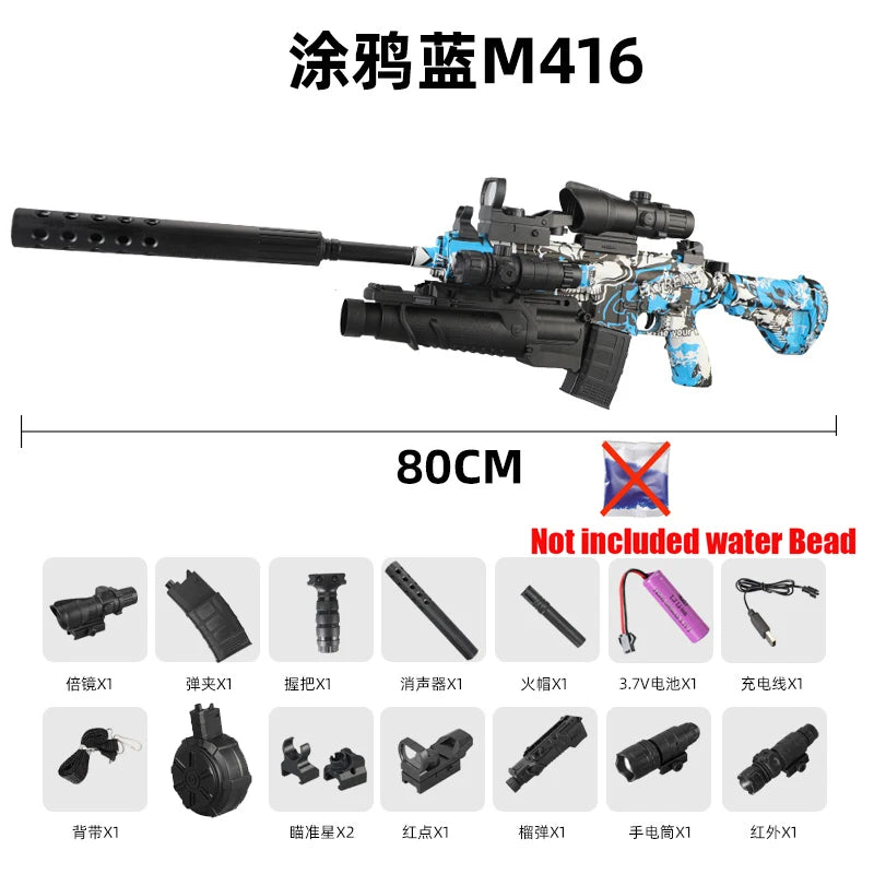 Ultra Shoppings 416 fully equipped automatic toy gun firing 7-8mm hydrogel bullets with infrared reloading, ideal for boys' play.