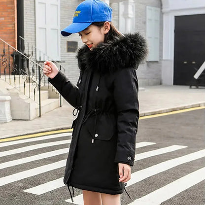 Girls’ Hooded Parka – Fur Collar & Thick Velvet Winter