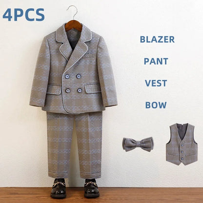 Young Boys’ Formal Outfit – British Plaid Blazer & Pants Set