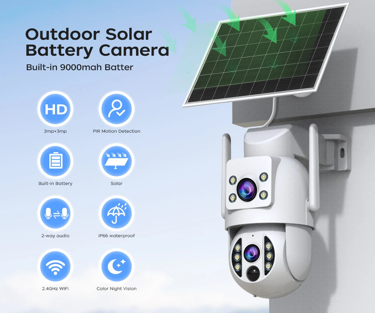 4K Wireless Solar Camera | Dual Lens | PIR Motion + Color Night Vision + Battery Power